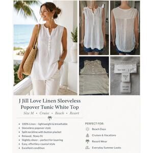 J Jill Love Linen Sleeveless Popover Tunic White Sz M Coastal Minimalist